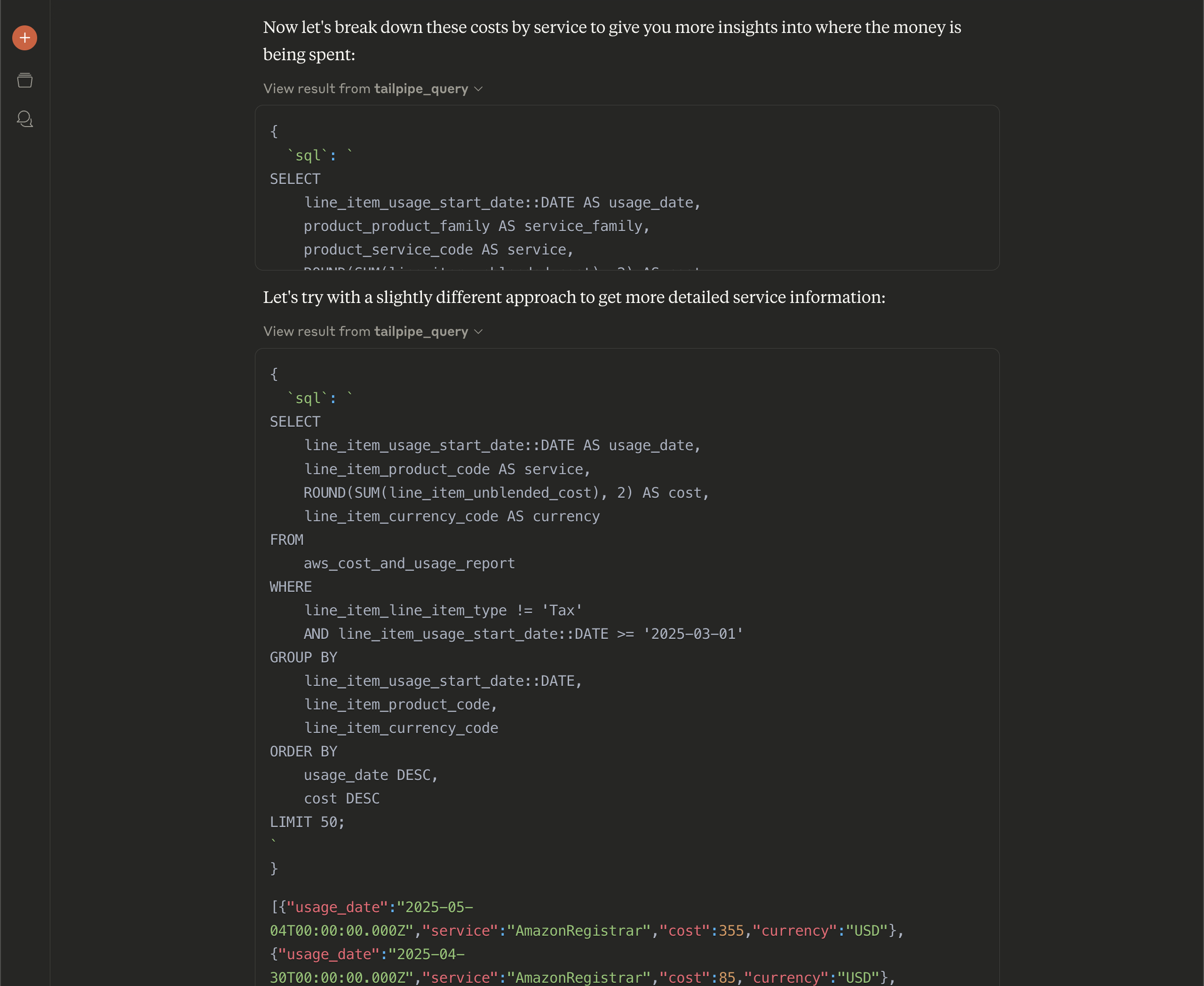 Tailpipe chat with Claude