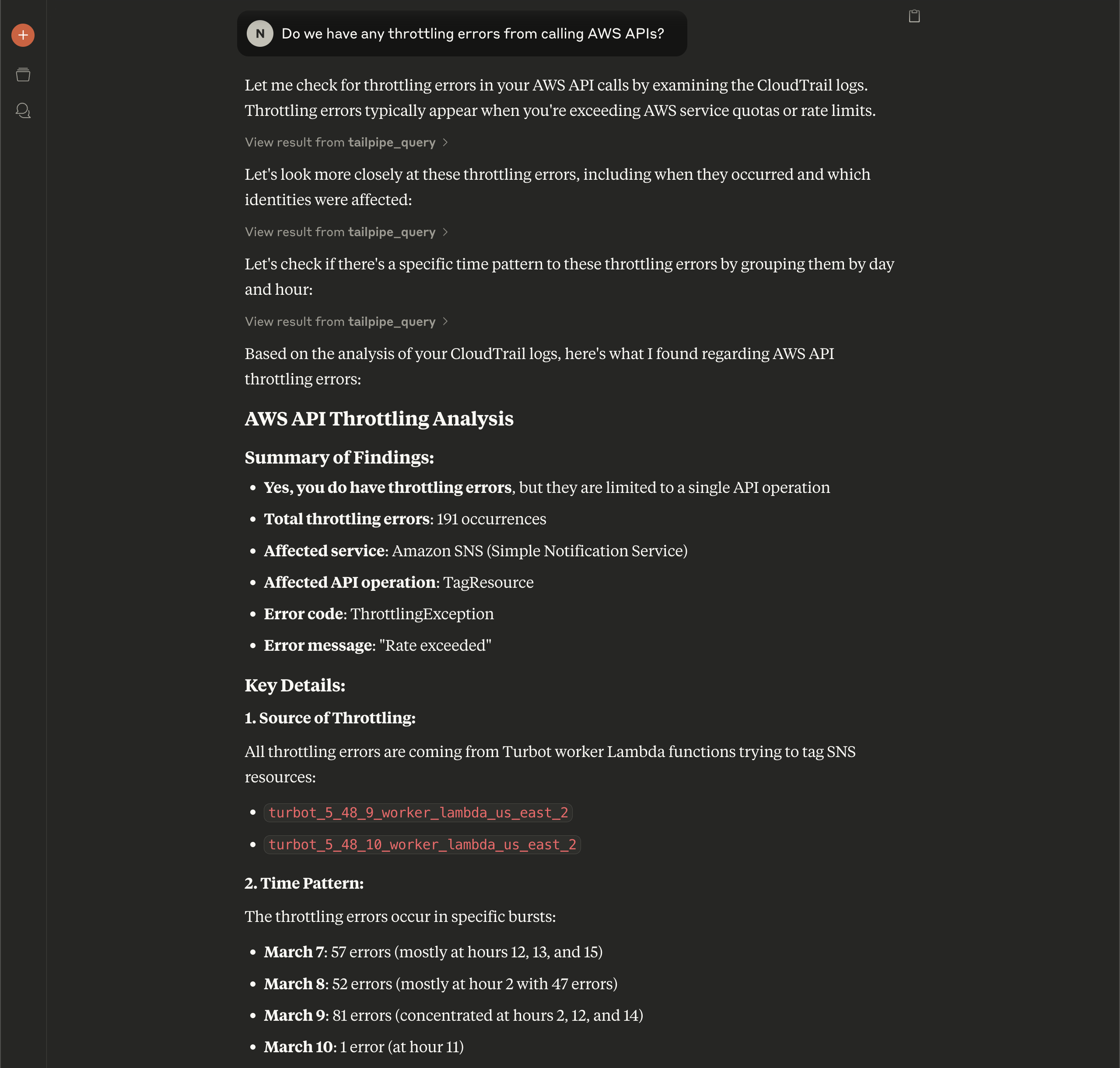 Tailpipe chat with Claude