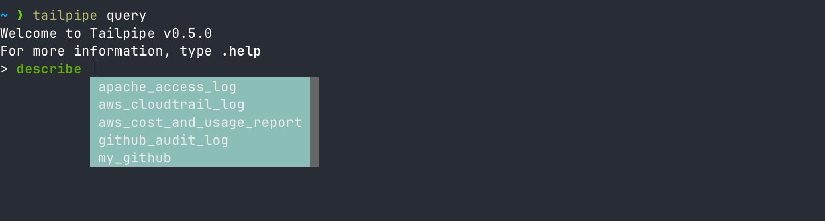 Tailpipe query interface showing autocomplete